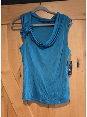 New! Valerie Stevens Silk Blue Tie Neck Cowl 100% Silk Size L Sleeveless Blouse